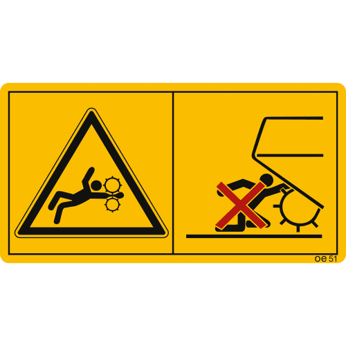 Warnschild Maschinenschild mit Symbolen, die vor dem Greifen in den Pick-up Bereich bei laufendem Traktormotor und angeschlossener Zapfwelle warnen