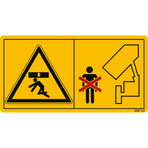 Maschinenschild mit Warnsymbolen Aufenthalt im Abkippbereich bei angehobener Ladefläche verboten, gelbes Warnschild mit Piktogrammen