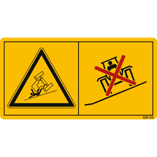 Warnschild Maschinenschild zur Vermeidung von Hanglagen, auf denen der Traktor oder Mäher abrutschen oder umstürzen könnte, mit Dach