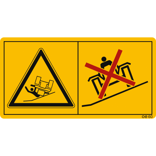 Warnschild Maschinenschild Hanglagen vermeiden, auf denen der Traktor oder Mäher abrutschen oder umstürzen könnte mit Piktogramm eines umkippenden Traktors und durchgestrichenem Traktor auf Hang