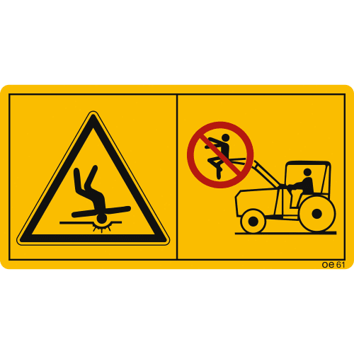 Warnschild Maschinenschild mit Symbolen, die vor der Benutzung des Laders als Hebeplattform für Personen warnen
