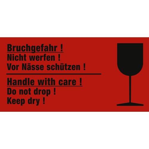 Rotes Transportetikett mit schwarzem zerbrechlich Symbol und Text Bruchgefahr! Nicht werfen! Vor Nässe schützen! Handle with care! Do not drop! Keep dry!
