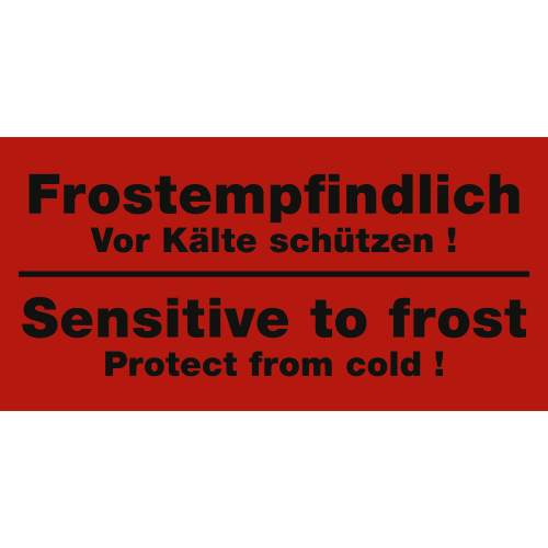Rotes Transportetikett mit der Aufschrift Frostempfindlich Vor Kälte schützen und englischer Übersetzung Sensitive to frost Protect from cold