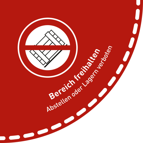 Fußbodenaufkleber Bereich freihalten Viertelkreis mit Symbol für Abstellen oder Lagern verboten