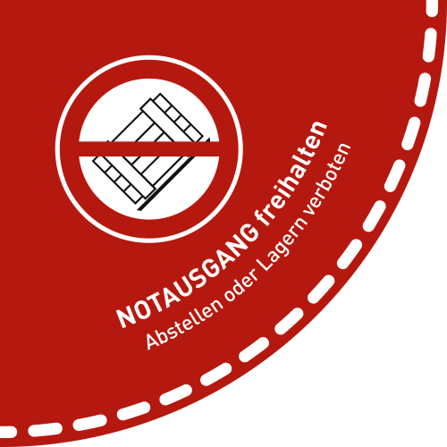 Fußbodenaufkleber Notausgang freihalten Viertelkreis mit Symbol und Text Abstellen oder Lagern verboten