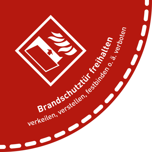 Fußbodenaufkleber Brandschutztür freihalten Viertelkreis rot mit Brandschutzsymbol und Hinweis verstellen, verkeilen, festbinden verboten