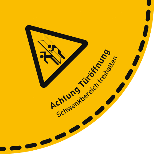 Fußbodenaufkleber Achtung Türöffnung mit Warnsymbol und Text Schwenkbereich freihalten in Viertelkreisform