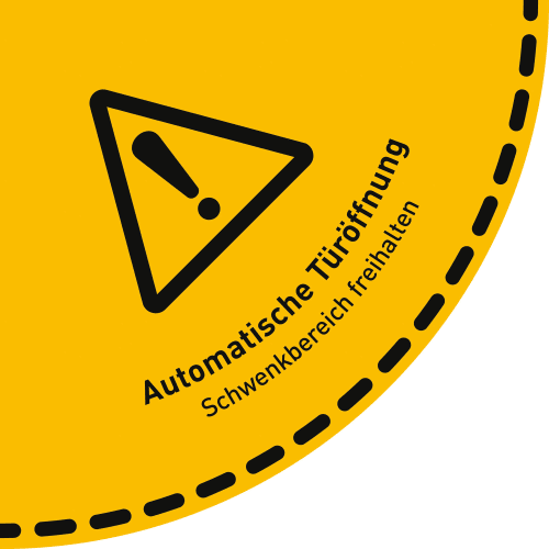Fußbodenaufkleber Automatische Türöffnung Viertelkreis gelb mit Warnsymbol und Text Schwenkbereich freihalten