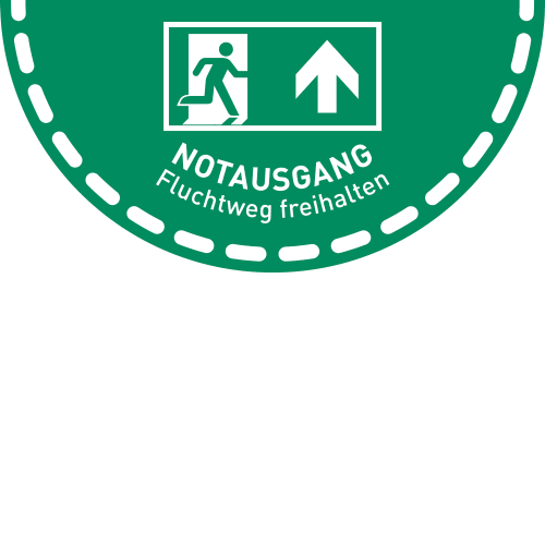 Grüner Fußbodenaufkleber mit Notausgang-Symbol, Pfeil nach oben und Text 'NOTAUSGANG Fluchtweg freihalten' in Halbkreisform