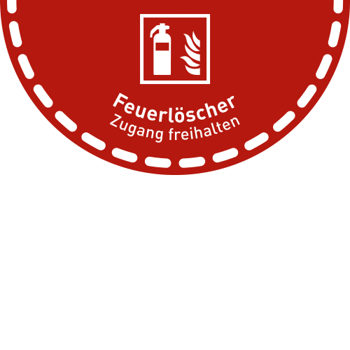 Roter Fußbodenaufkleber in Halbkreisform mit weißem Feuerlöscher-Symbol und Text 'Feuerlöscher Zugang freihalten'