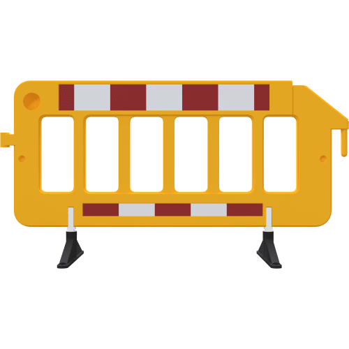 Gelbes Absperrgitter aus Kunststoff mit rot-weißen Reflexstreifen und drehbaren schwarzen Füßen