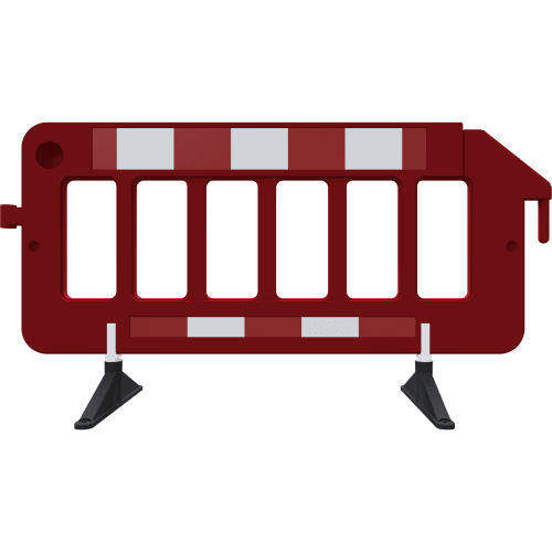 Rotes Absperrgitter aus Kunststoff mit drehbaren schwarzen Füßen und weißen Reflexstreifen