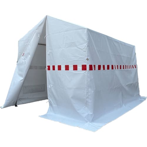 weißes Arbeitszelt mit schwer entflammbarer Plane und rotem Warnstreifen