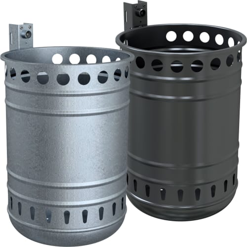 Rund-Abfallbehälter mit Lochkranz 35 Liter in verzinktem und schwarzem Metall mit Dreikantschloss
