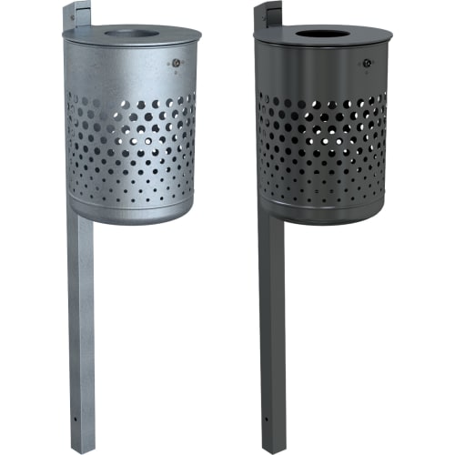 Rund-Abfallbehälter 50 Liter mit Abdeckscheibe in verzinktem und schwarzem Design, mit Lochmuster und Pfosten zur Befestigung
