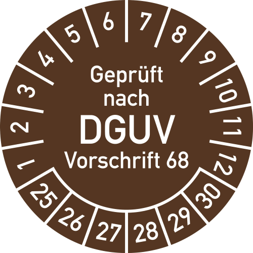Prüfplakette Geprüft nach DGUV Vorschrift 68 braun mit Monats- und Tagesangaben