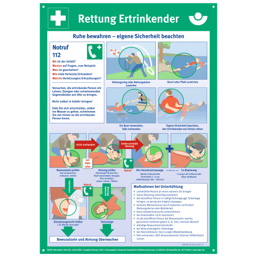 Sicherheitsaushang Rettung Ertrinkender mit Notruf 112, Anweisungen zur Rettung, Herz-Druckmassage, Beatmung und Maßnahmen bei Unterkühlung