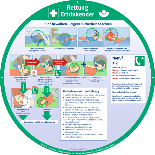 Runder Sicherheitsaushang Rettung Ertrinkender mit Anleitungen zur Ersten Hilfe bei Ertrinkungsunfällen, inklusive Rettungsring werfen, Atmung prüfen, Herz-Druckmassage und Beatmung, Notruf 112 und Maßnahmen bei Unterkühlung