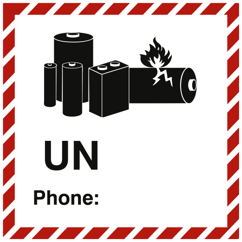 Gefahrzettel für Lithium-Batterien mit Symbolen von Batterien und Flamme, zur Selbstbeschriftung mit Telefonnummer