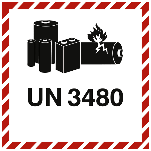 Gefahrzettel Lithium Ion Battery UN 3480 mit Symbolen von Batterien und Flamme