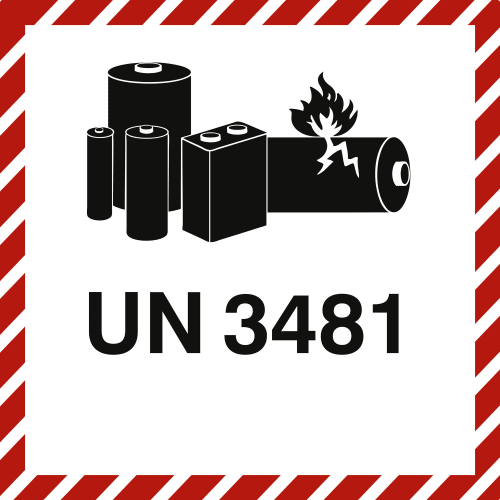 Gefahrzettel Lithium Ion Battery UN 3481 mit Symbolen von Batterien und Flamme