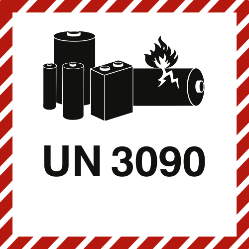 Gefahrzettel Lithium Metal Battery UN 3090 mit Batteriesymbol und Flammenzeichen
