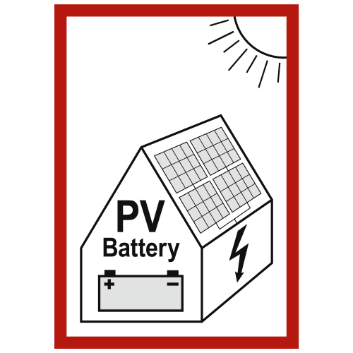 Schild Hinweis auf eine PV-Anlage mit Batteriespeicher, Haus mit Solarpanelen, Batterie und Blitzsymbol