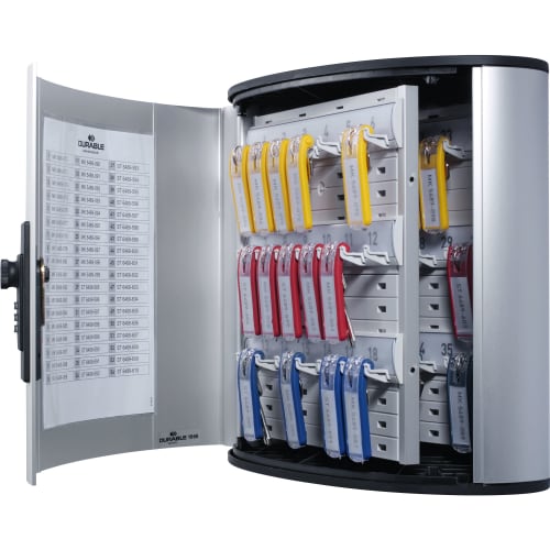 Schlüsselkasten Key Box Code mit Zahlenschloss geöffnet mit farbigen Schlüsselanhängern und nummerierten Haken