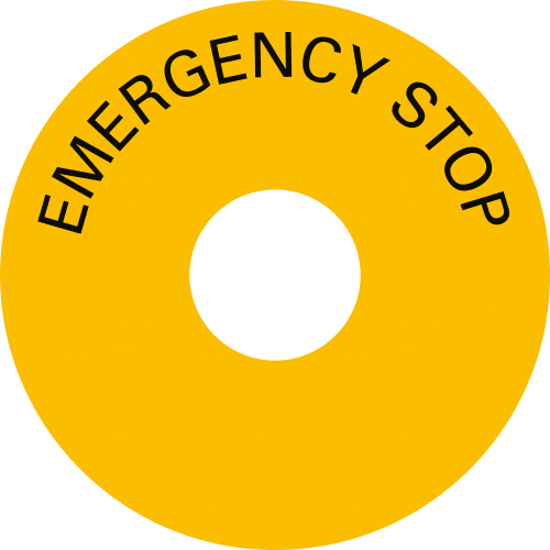Gelbes rundes Schild mit der Aufschrift Emergency Stop und einem Loch in der Mitte