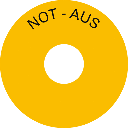 Gelbes rundes Schild mit der Aufschrift NOT - AUS