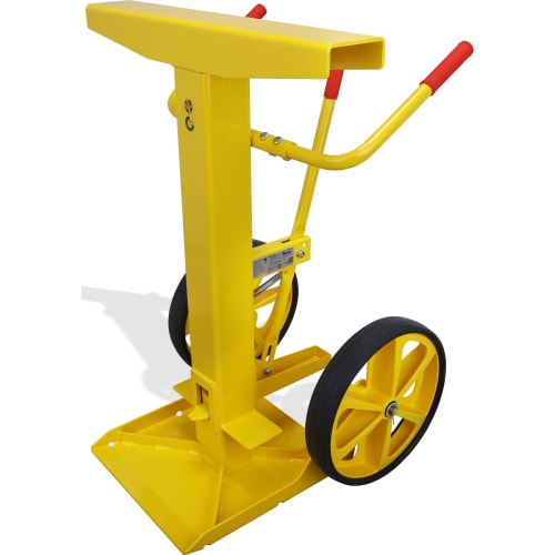 Gelbe Verladestütze für LKW-Sattelauflieger mit zwei großen Rädern und rotem Griff, Tragkraft 40 Tonnen