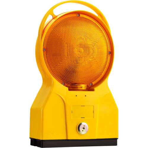 Gelbe TL Bakenleuchte FUTURE mit rundem Leuchtkörper und schwarzem Sockel