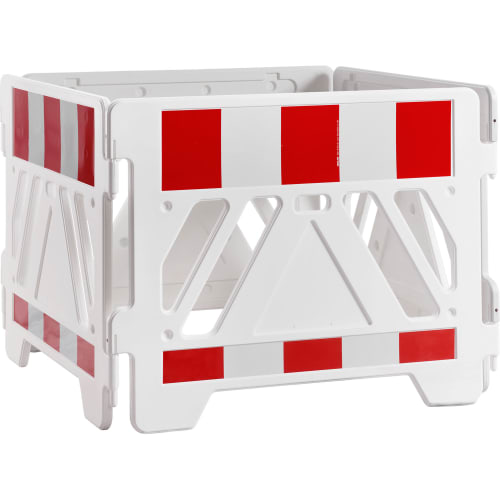 Weißes Schachtschutzgitter Typ Blitz mit roten und weißen reflektierenden Streifen gemäß ZTV-SA 97