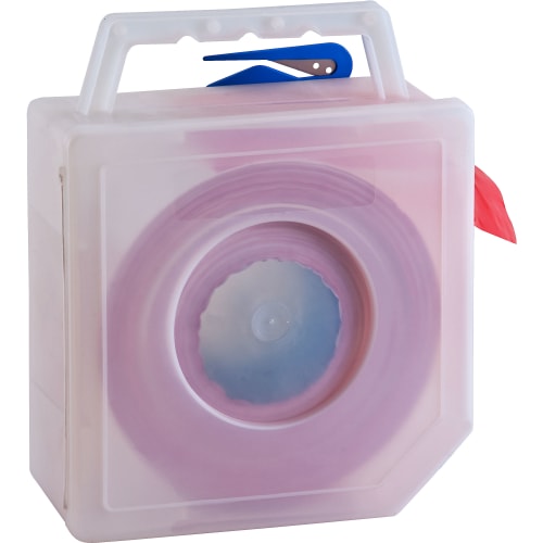 Warnbandspender aus Kunststoff mit rotem Warnband und blauem Schneidewerkzeug