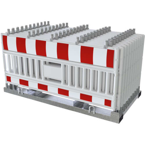 20er ULTRA Euro 3 Absperrschranken-Set in weiß ohne Fußplatten, gestapelt auf Metallpalette