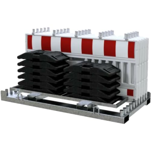 10er ULTRA Euro 3 Absperrschranken-Set in weiß mit Fußplatten, gestapelt auf Metallrahmen