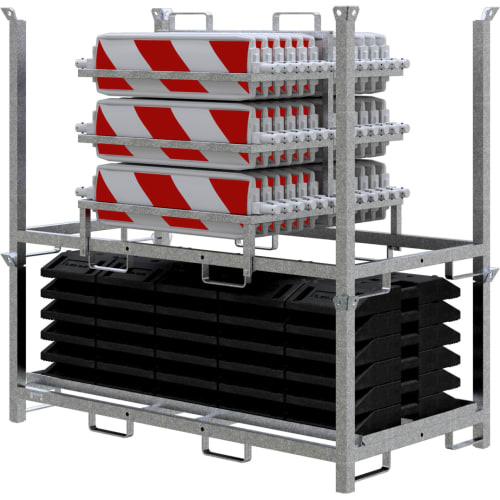 36er NOX BASt-Wendebaken Set mit 30 Fußplatten im Metallgestell, weiße und rote Wendebaken gestapelt