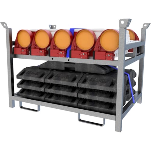 10er NOX BASt-Wendebaken Set mit orangen Leuchten und schwarzen Fußplatten im Metallgestell