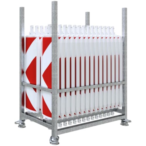 30er Kunststoffbake Typ 60 Set ohne Fußplatten im Metallgestell, weiße Kunststoffbaken mit roten diagonalen Streifen