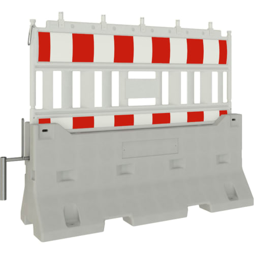 Betonschutzwand WACHTWERK X NOX EURO2 mit rot-weißen Warnstreifen und Metallhalterung