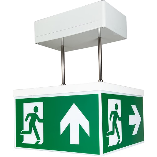 Rettungszeichenwürfel QUADRO CUBIC mit Pendelaufhängung und 7L-Schutzlicht, grüne Notausgangsschilder mit Richtungspfeilen