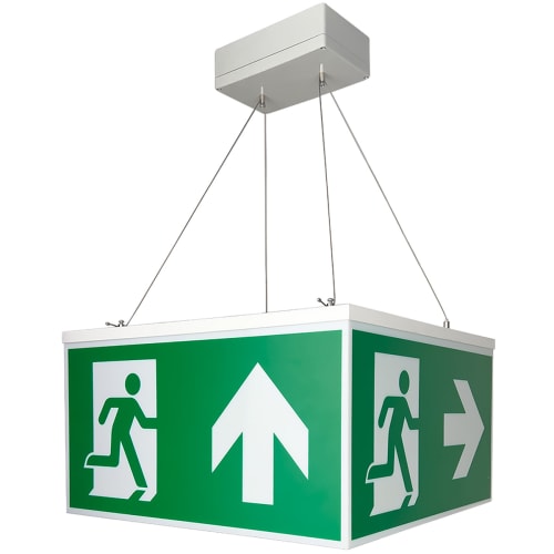 Rettungszeichenwürfel QUADRO CUBIC mit 250 cm Kettenaufhängung und 7L-Schutzlicht, grün-weißes Notausgangssymbol mit Pfeilen