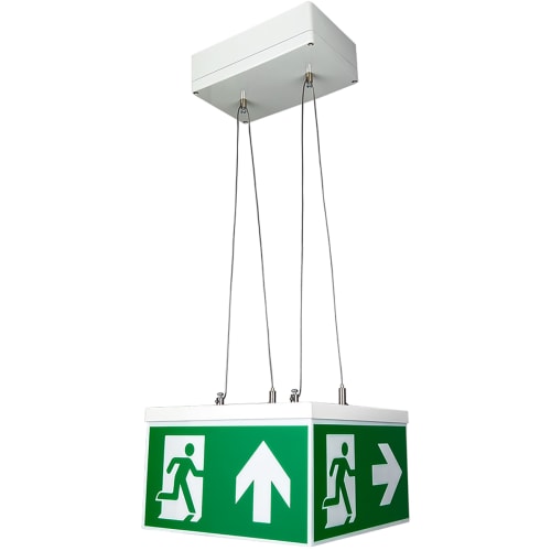 Rettungszeichenwürfel QUADRO CUBIC mit 500 cm Kettenaufhängung und 7L-Schutzlicht, grün-weißes Notausgangsschild hängend