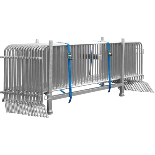 15x Absperrgitter Typ C aus Metall mit blauen Spanngurten gebündelt