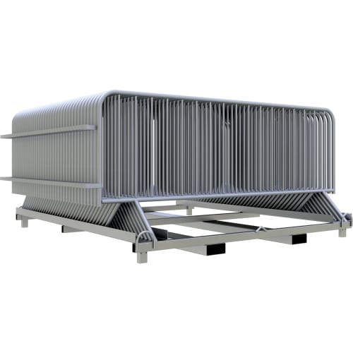 35x Absperrgitter Typ B aus Metall gestapelt auf einem Rahmen