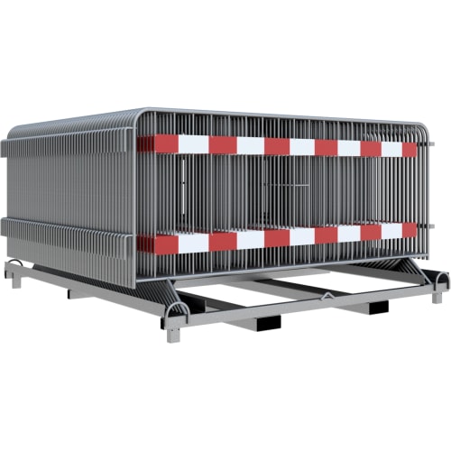 50x Absperrgitter Typ E mit zwei roten und weißen Tastleisten gestapelt auf Metallpalette