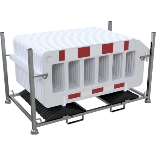 20 weiße Absperrgitter aus Kunststoff mit roten Reflexstreifen und drehbaren schwarzen Füßen auf Metallgestell