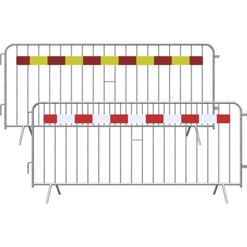 Absperrgitter Typ E mit einer Tastleiste, zwei Metallabsperrgitter mit rot-gelber und rot-weißer Markierung
