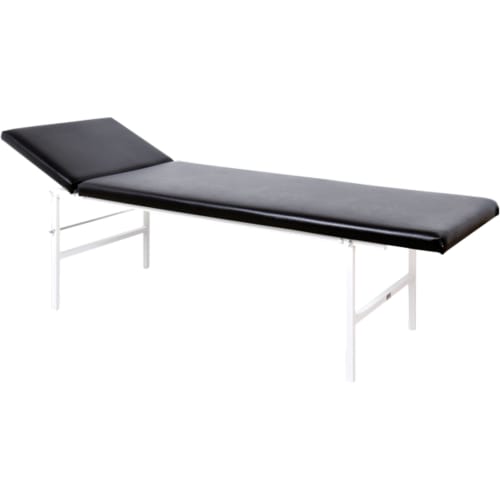 Untersuchungs- und Massageliege mit verstellbarem Kopfteil, schwarze Polsterung, weißes Metallgestell