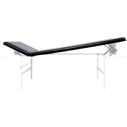 Wandklapp-Untersuchungsliege und Massageliege mit verstellbarem Kopf- und Fußteil, waagerecht, schwarze Polsterung, weißes Metallgestell